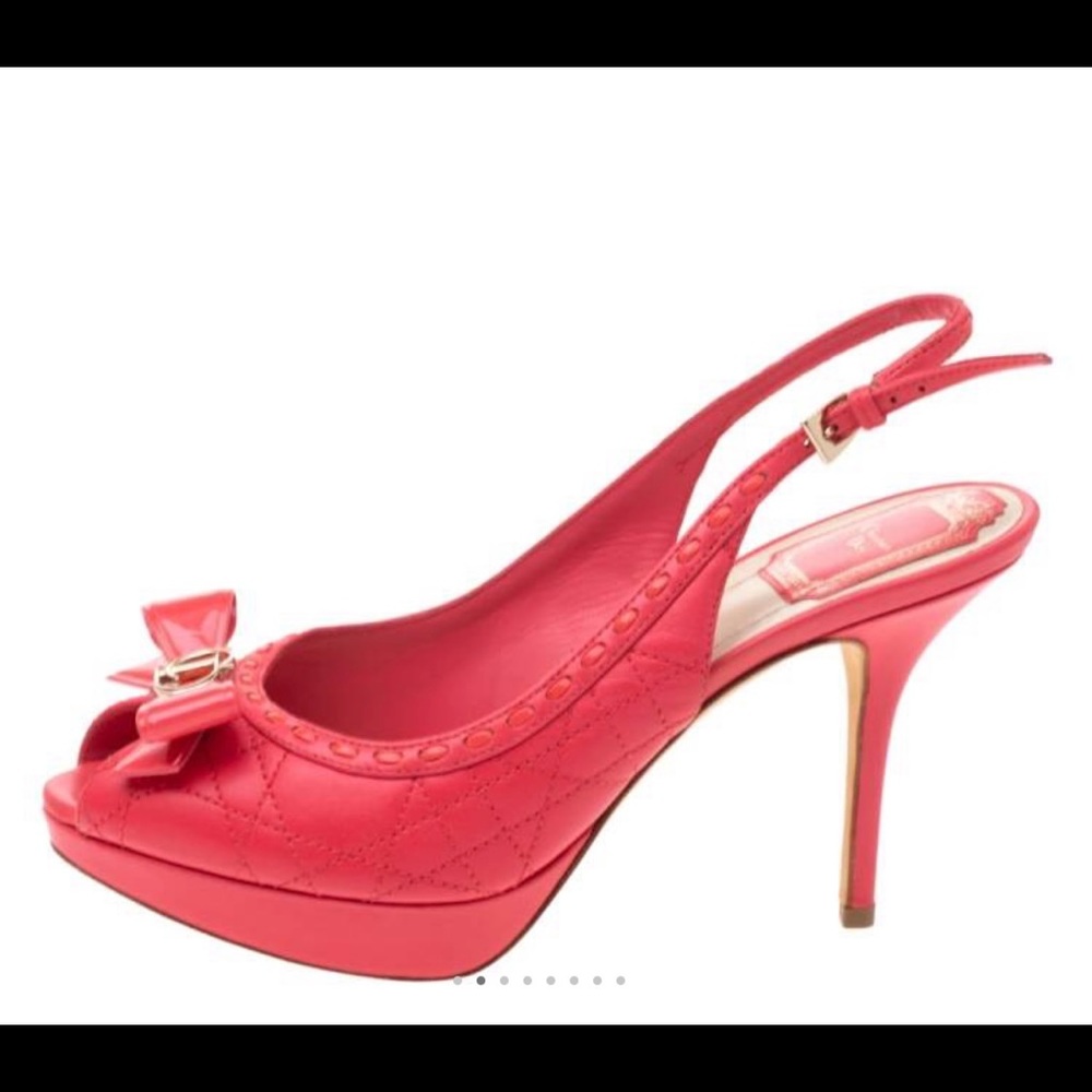 Dior Coral Red Cannage Leather Bow Slingback Peep Toe Platform Sandals Size 35